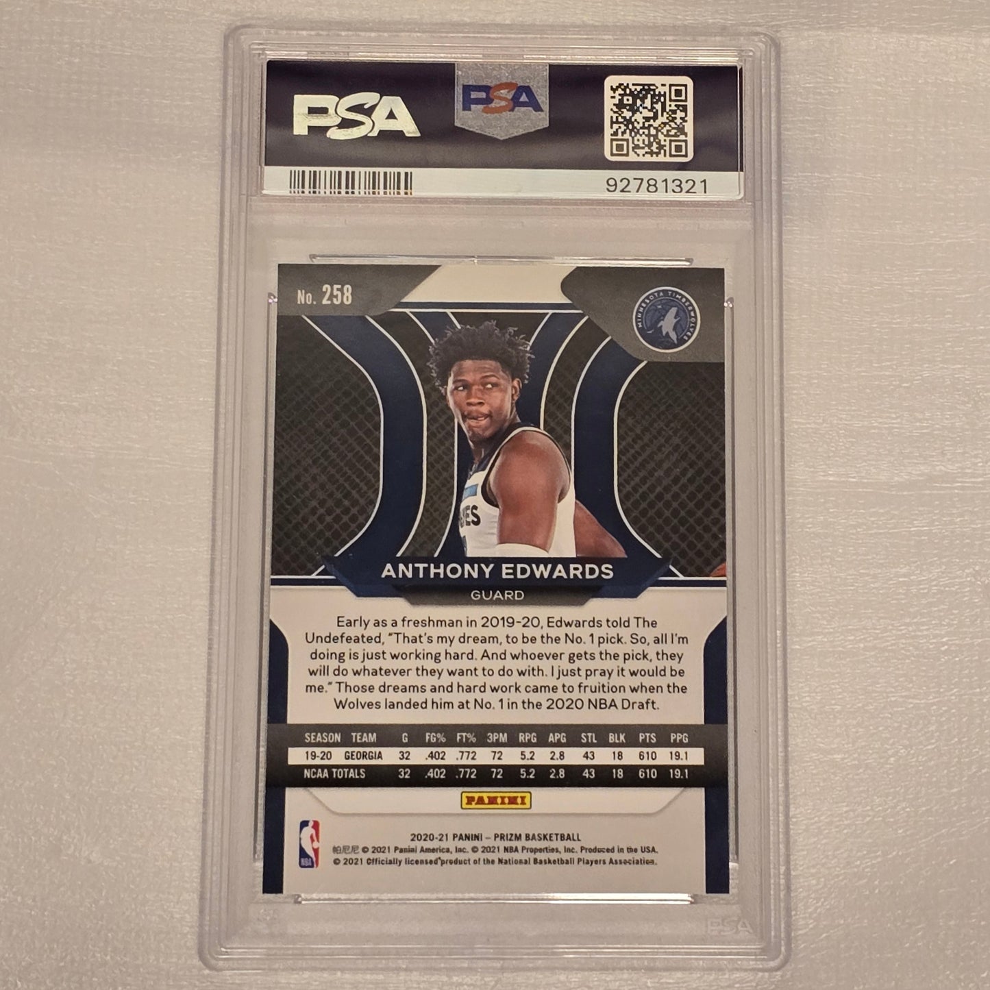 2020 Panini Prizm Anthony Edwards Rookie RC #258 PSA 9