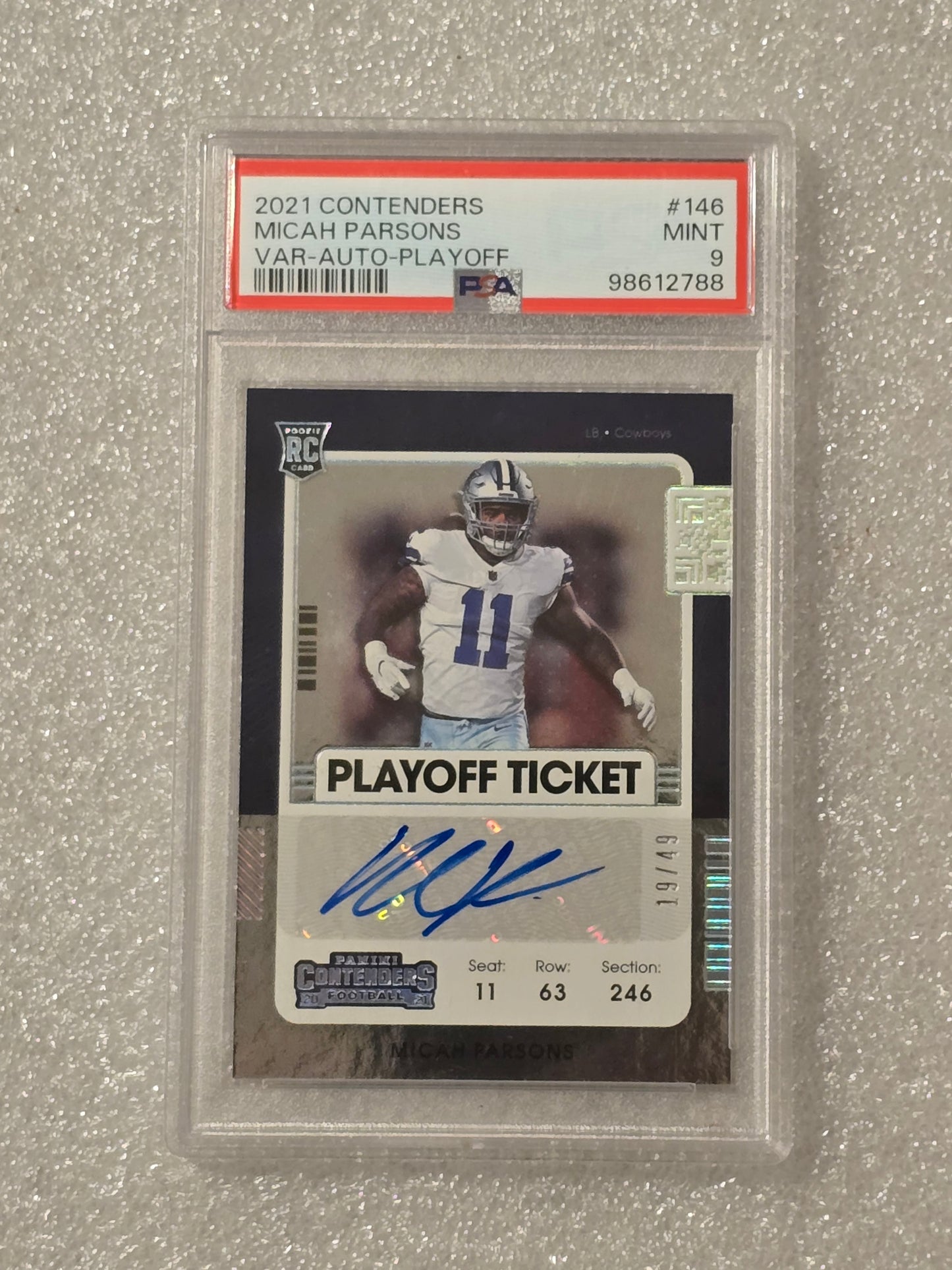2021 Contenders Micah Parsons Playoff Ticket Auto /49 – PSA 9 Mint RC Variation #146