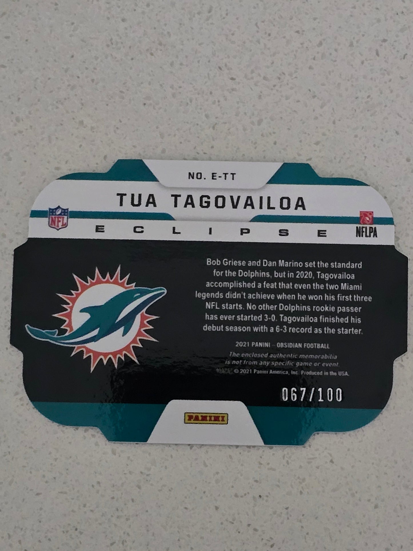 2021 Panini Obsidian Eclipse Memorabilia Tua Tagovailoa Patch Card