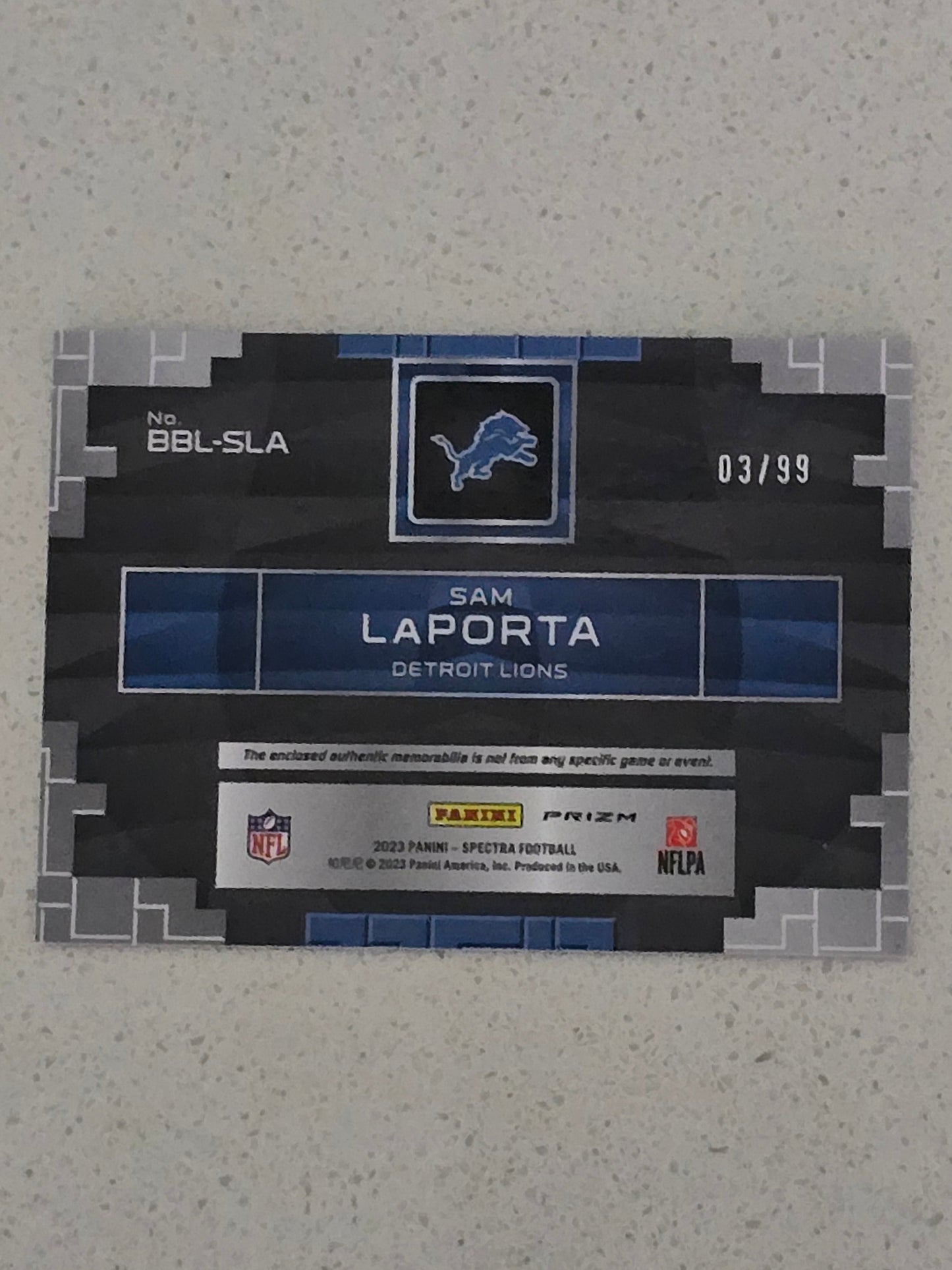 Sam LaPorta 2023 Spectra RC – Triple Patch “Building Blocks” #/99 – Lions