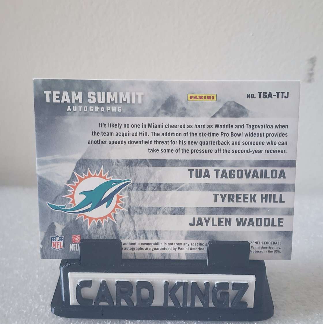 2022 Tua Tagovailoa, Tyreek Hill, Jaylen Waddle Triple Auto Jersey Card /15 PSA 9 Miami Dolphins