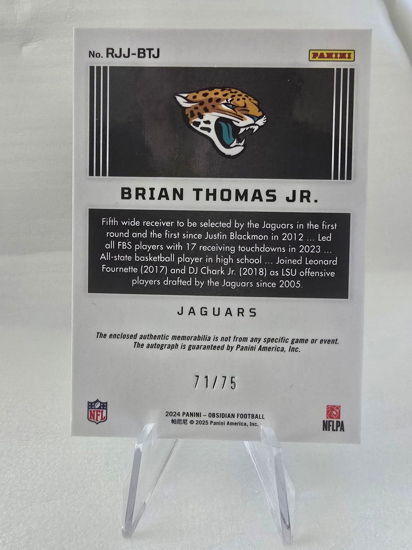 2024 Panini Obsidian Brian Thomas Jr. RPA RC Auto Jersey Patch #71/75 Jaguars Rookie