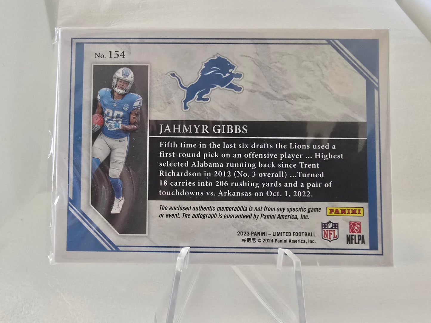 Jahmyr Gibbs 2023 Panini Limited RPA Rookie Patch Auto /49
