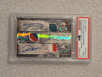 2022 Tua Tagovailoa, Tyreek Hill, Jaylen Waddle Triple Auto Jersey Card /15 PSA 9 Miami Dolphins