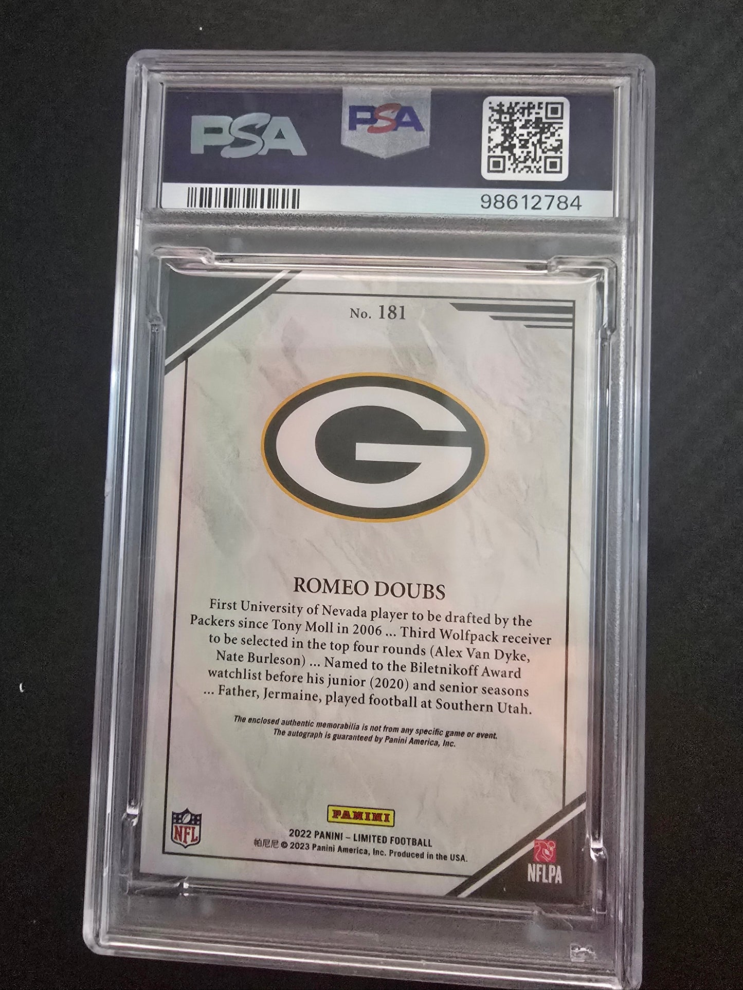 Romeo Doubs 2022 Limited RPA /25 – PSA 8 – Rookie Patch Auto