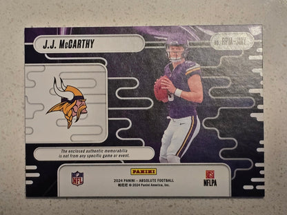 J.J. McCarthy 2024 Panini Absolute Rookie Premiere Triple Memorabilia Card