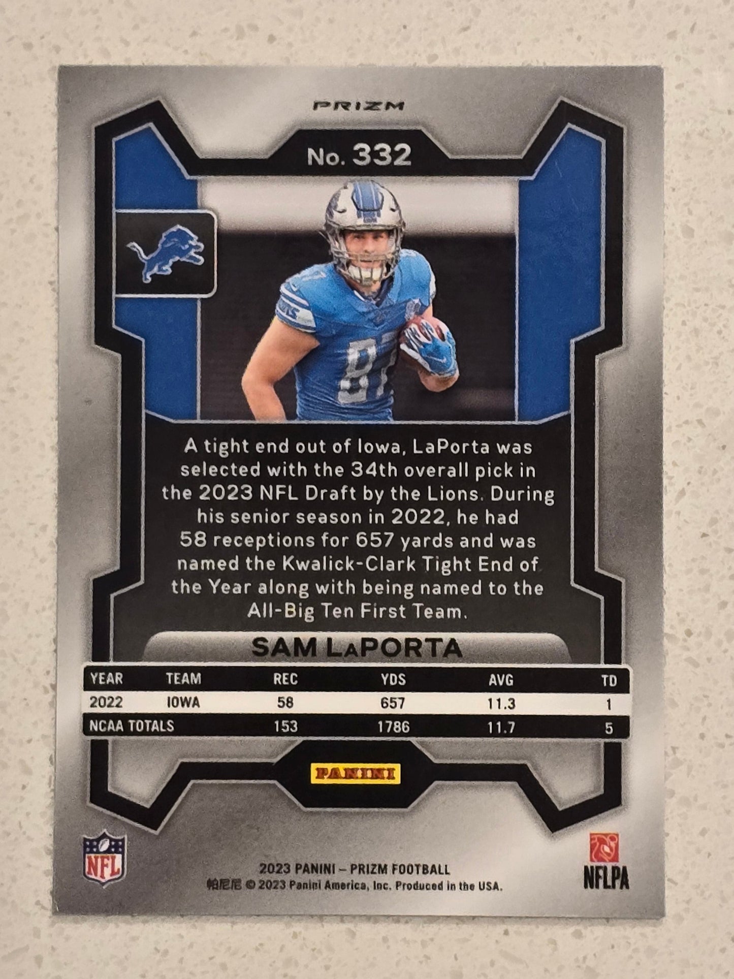 2023 Panini Prizm Silver Prizm Rookie Card of Sam LaPorta