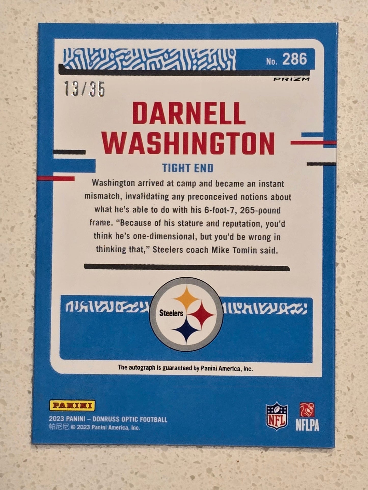 Darnell Washington 2023 Optic Rated Rookie Auto – Purple Pandora RC #/35 – Steelers